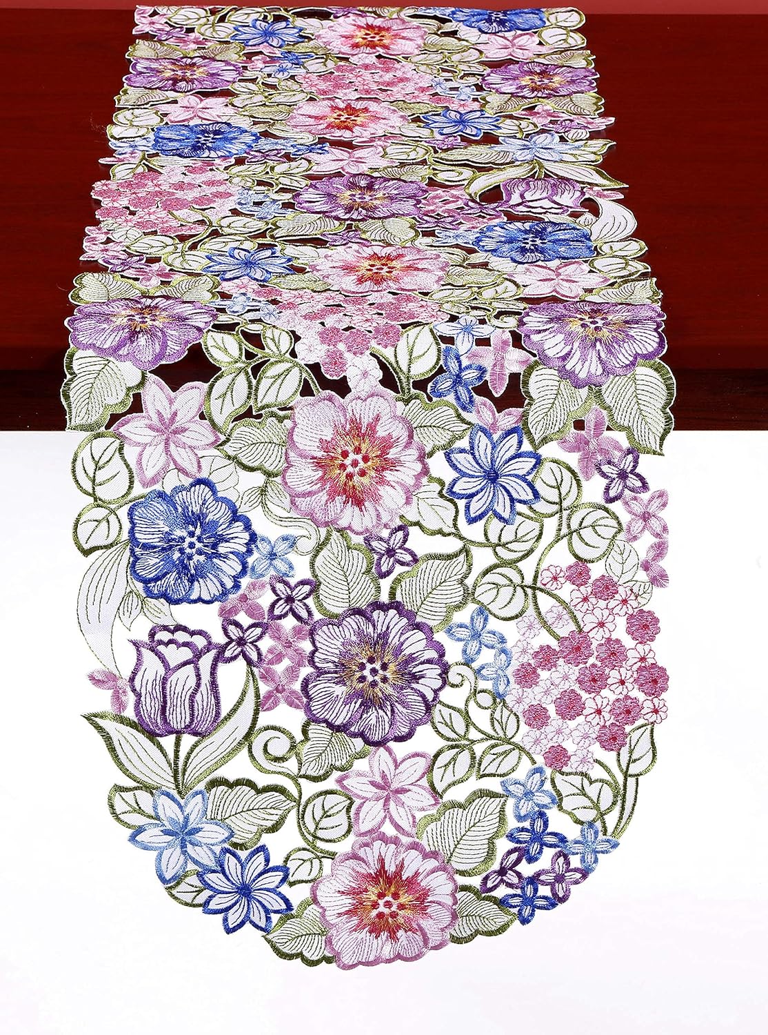 Flowery Table Runner 13"×54", Cutwork Embroidered Floral Dresser Scarf for Home Kitchen Dining