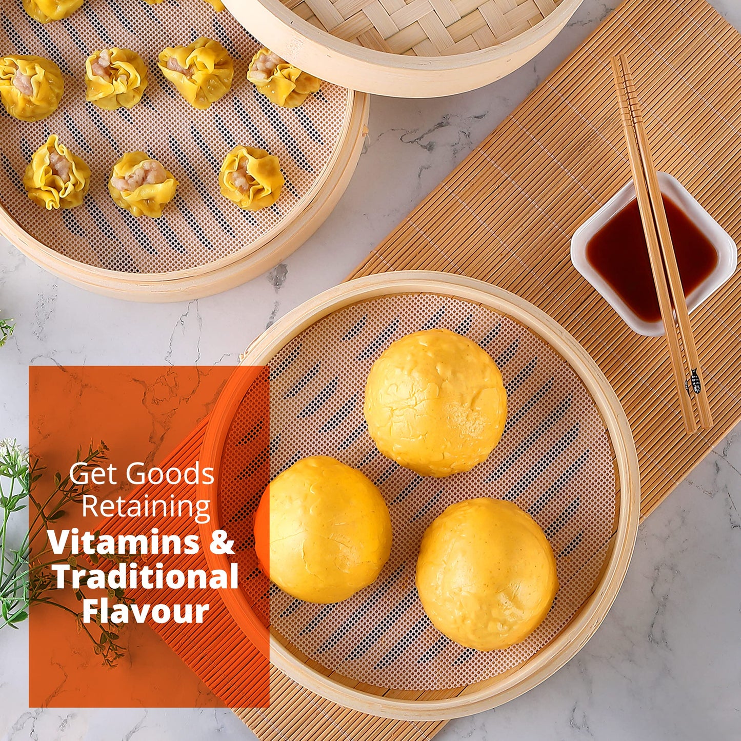 KITCHENCRUST Bamboo Steamer Basket for Chinese Asian Cuisine - 2 Tier 10-Inch Steaming Basket Bun Vegetable Steam, Dumpling Steamer bamboo steam basket, Sauce Dish, Chopsticks, Reusable Liners, Ring