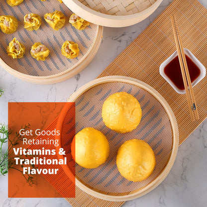 KITCHENCRUST Bamboo Steamer Basket for Chinese Asian Cuisine - 2 Tier 10-Inch Steaming Basket Bun Vegetable Steam, Dumpling Steamer bamboo steam basket, Sauce Dish, Chopsticks, Reusable Liners, Ring
