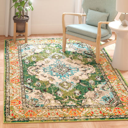 SAFAVIEH Monaco Collection Area Rug - 9' x 12', Forest Green & Light Blue, Non-Shedding & Easy to Clean, Distressed Medallion Design, Ideal for Living Room, Bedroom, Dining Space (MNC243F)