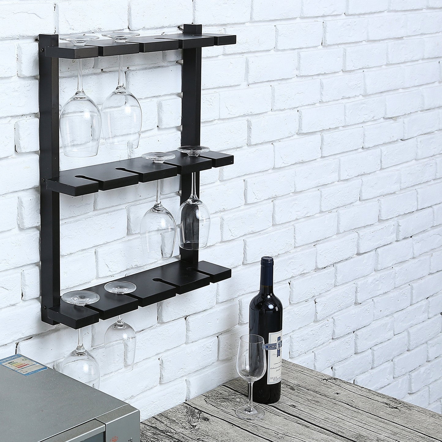 MyGift Wine Glass Rack - Wall-Mounted Black Wood Stemware, 12 Glassware Holder Rack, Wine Glasses Storage Hanger for Bar Kitchen