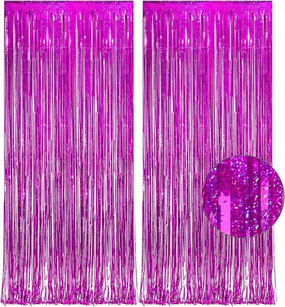GREATRIL Magenta Tinsel Curtain Backdrop - Foil Fringe Streamers for Bachelorette Party | 2 PCS