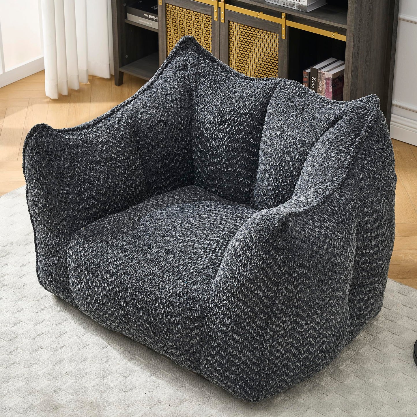 Large Chenille Bean Bag Chair for Adults - Oversized Square Lazy Sofa, Comfortable Gaming Reading TV Seat, 47.2" W x 36.2" D, Black, Living Room & Bedroom Essential