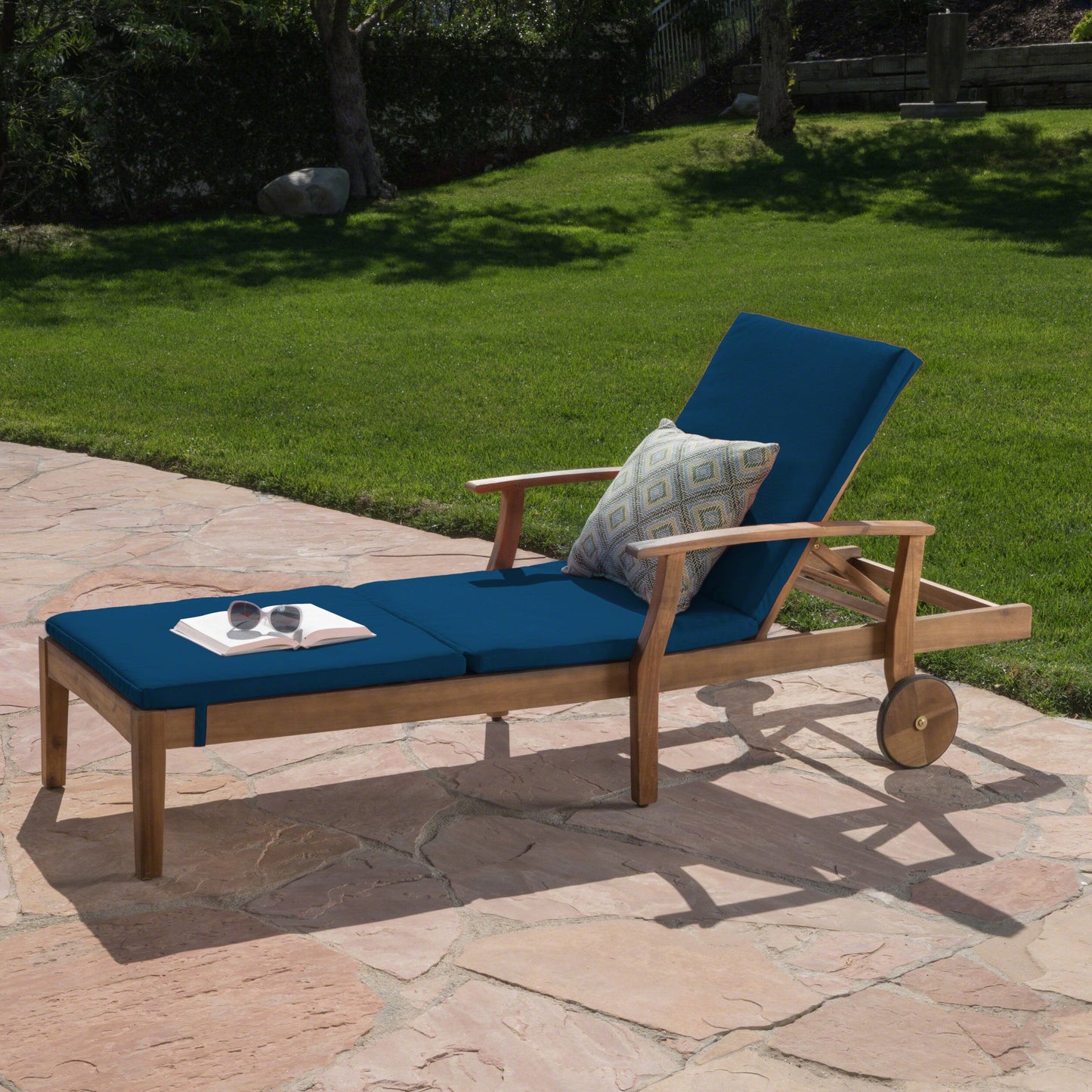 Christopher Knight Home Perla Outdoor Chaise Lounge with Water Resistant Cushion, Teak Finish / Blue
