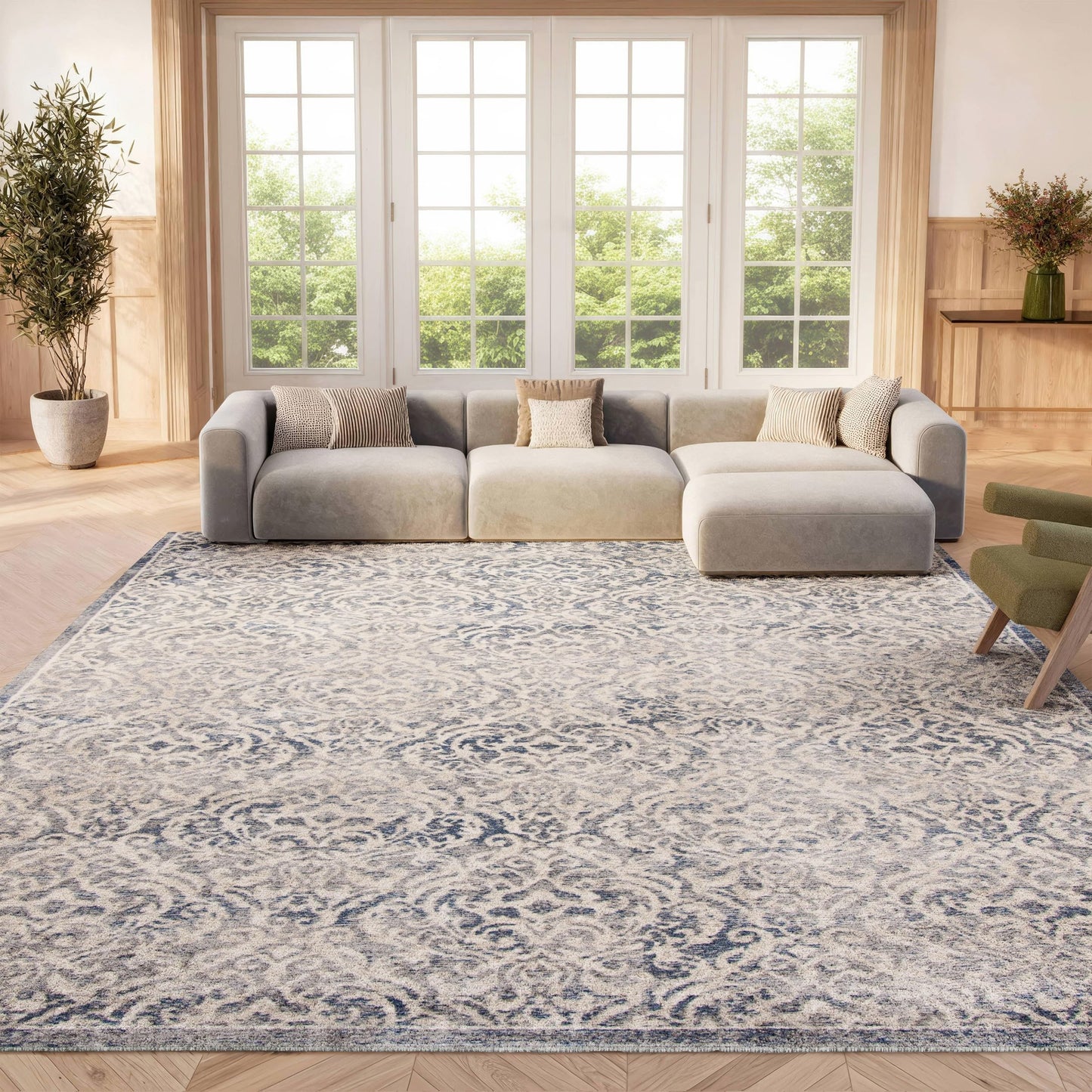 SAFAVIEH Brentwood Collection Area Rug - 10' x 13', Light Grey & Blue, Damask Design, Non-Shedding & Easy Care, Ideal for High Traffic Areas in Living Room, Bedroom (BNT810G)