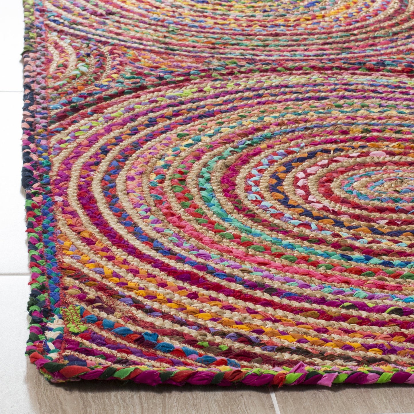 SAFAVIEH Cape Cod Collection Area Rug - 9' x 12', Red & Multi, Handmade Boho Braided Circles Jute & Cotton, Ideal for High Traffic Areas in Living Room, Bedroom (CAP203A)