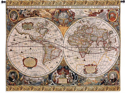 Antique Old World Map Geographica by Jan Janssonius | Woven Tapestry Wall Art Hanging | Beautiful Rustic Globe with Luxurious Mythology Designs | 100% Cotton USA Size 67x53