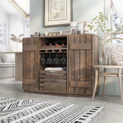 Homes: Inside + Out Lopez Farmhouse 2 Side Cabinets, 3 Shelves 48 in. Buffet with Removable Crate and Four Bottles Wine Rack, Sideboard for Kitchen, Dining Room, Reclaimed Oak Brown