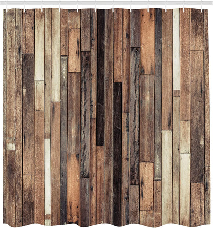 Ambesonne Wooden Shower Curtain Set, 69" W x 75" L, Brown - Farmhouse Style Bathroom Decor with Hooks