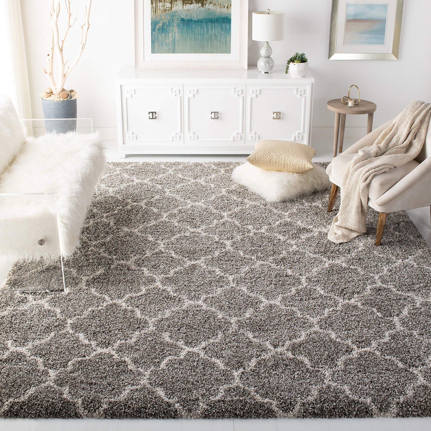 SAFAVIEH Hudson Shag Collection Area Rug - 10' x 14', Grey & Ivory, Moroccan Trellis Design, Non-Shedding & Easy Care, 2-inch Thick Ideal for High Traffic Areas in Living Room, Bedroom (SGH282B)