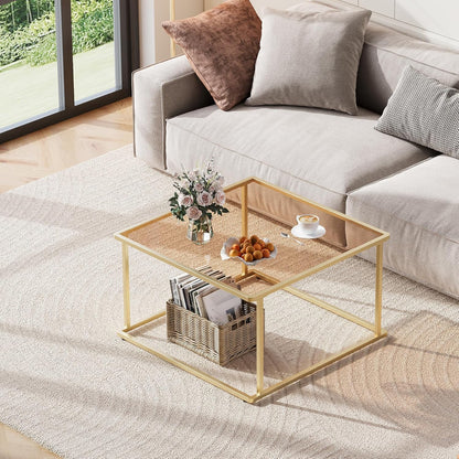 26.4 26.4in, WLIVE Coffee Table, Glass Coffee Table for Living Room, Modern Small Coffee Table with Tempered Glass