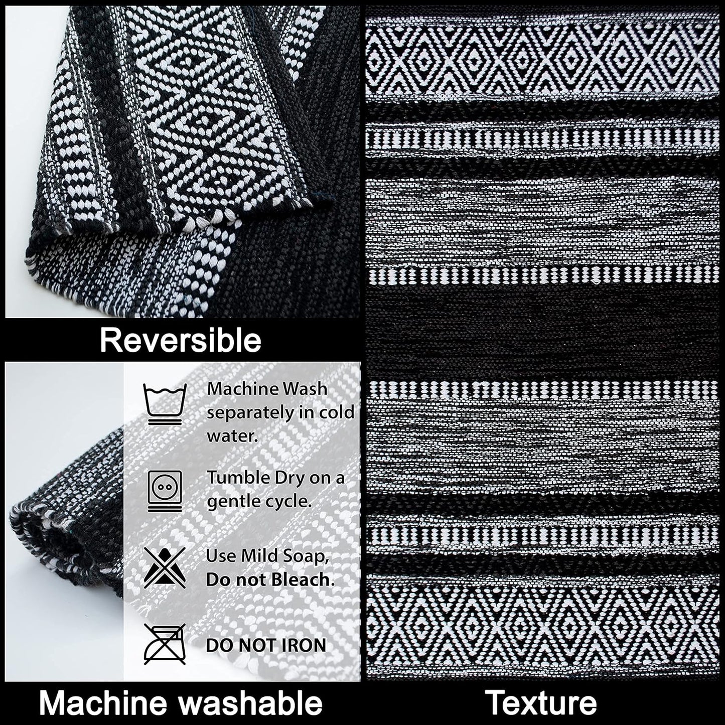 Chardin Home Farmhouse Rug 24''x36'' Black-White, Recycled Cotton Hand Woven Rug for Hallways, Kitchens, Bedrooms