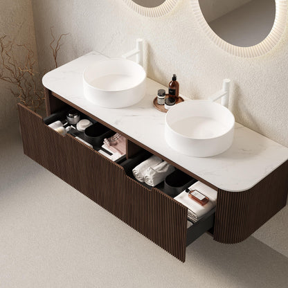 KEIKI 60" Floating Bathroom Vanity with Sink, Double Basin Wall Vanity Cabinet with Curved Edges, 2 Soft-Close Drawers, Pre-Assembled Bathroom Storage Vanity, Walnut