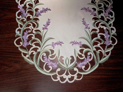 Table Runner with Purple Lavender Lilac Flowers on Antique White Material, Size 44 x 15 inches