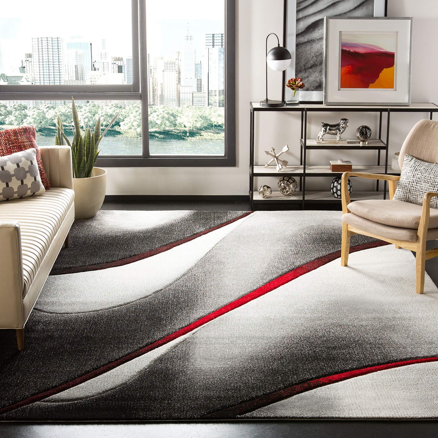 SAFAVIEH Hollywood Collection Area Rug - 10'6" x 14', Grey & Red, Mid-Century Modern Design, Non-Shedding & Easy Care, Ideal for High Traffic Areas in Living Room, Bedroom (HLW712K)