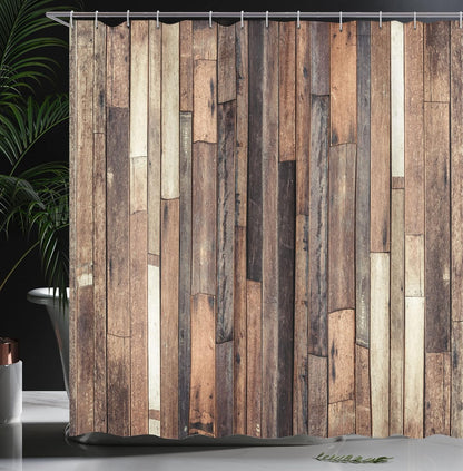 Ambesonne Wooden Shower Curtain Set, 69" W x 75" L, Brown - Farmhouse Style Bathroom Decor with Hooks