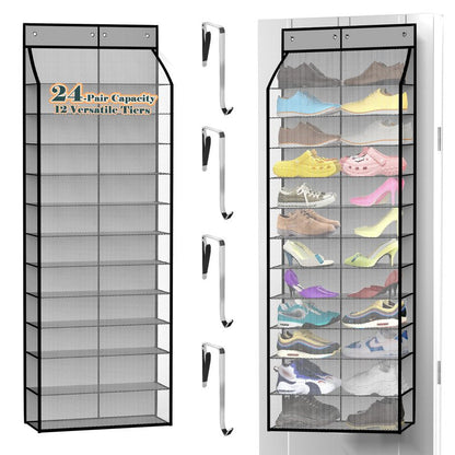 Kotkn 24-Pair Over Door Shoe Organizer for Family & Kids, Double Sided | Hanging Storage for Sneakers, Boots, Toys & Room Organization-Graphite Gray