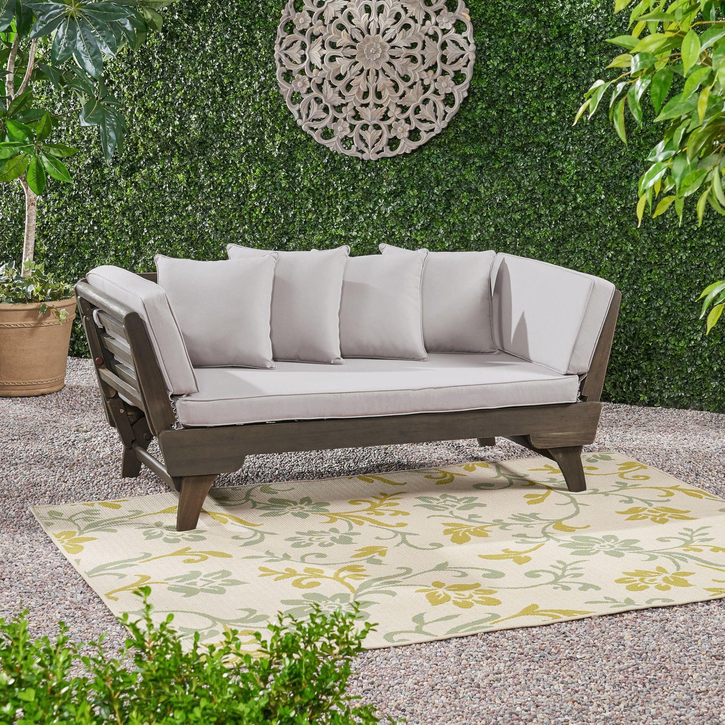 Christopher Knight Home Gary Patio Convertible Couch, Wooden Outdoor Daybed, 3-Seater Acacia Wood Patio Furniture Lounge Sofa for Backyard/Poolside/Garden, Back Pillow+Removable Cushion, Grey