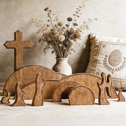 TW SHINE Wooden Easter Scene Decoration - Empty Tomb & Cross Tray Set for Home & Office