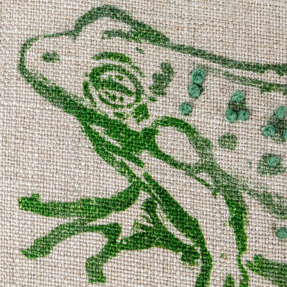 16" Square Linen Blend Printed Pillow with Frog and The Kissing Booth is Closed Text Prints and French Knots, Natural and Green