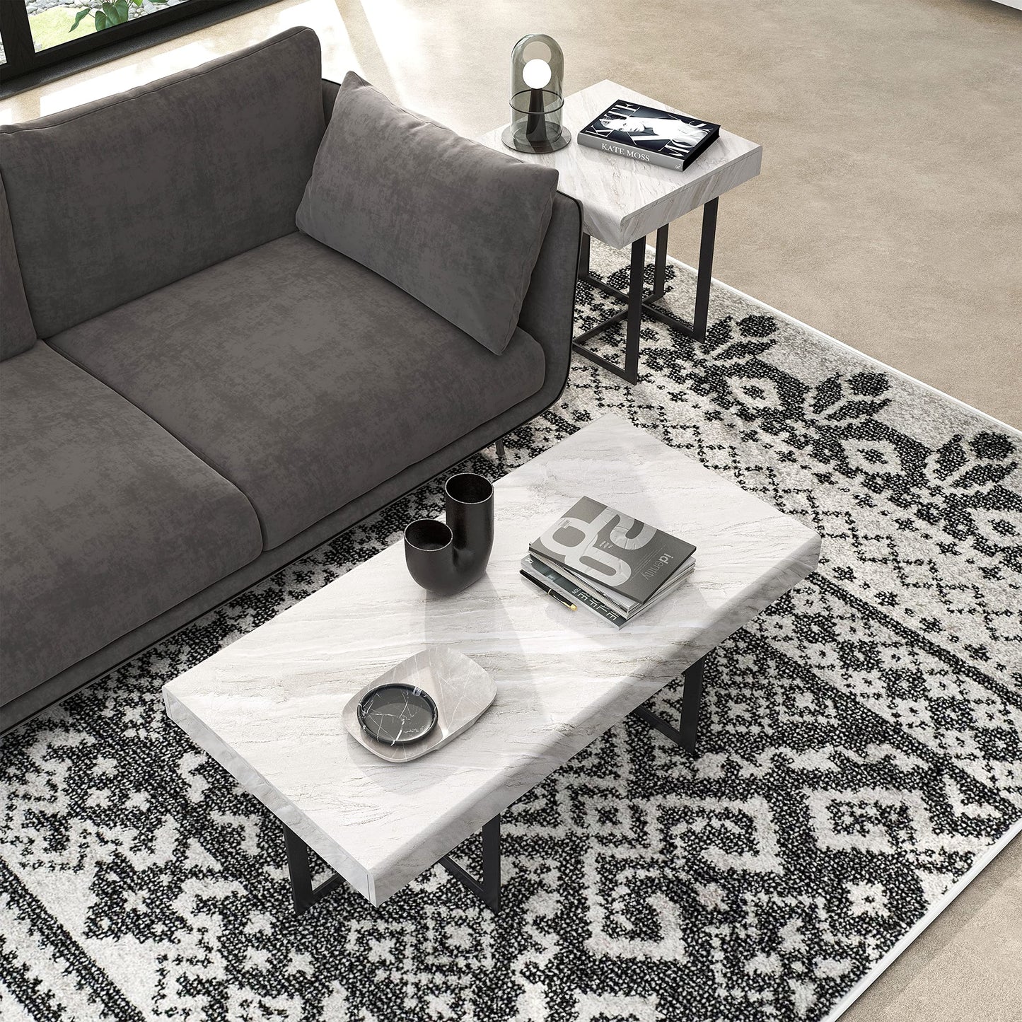Furniture of America Willy Modern Storage Faux Marble Top 2-Piece Coffee and End Table Set for Living Room, Gray