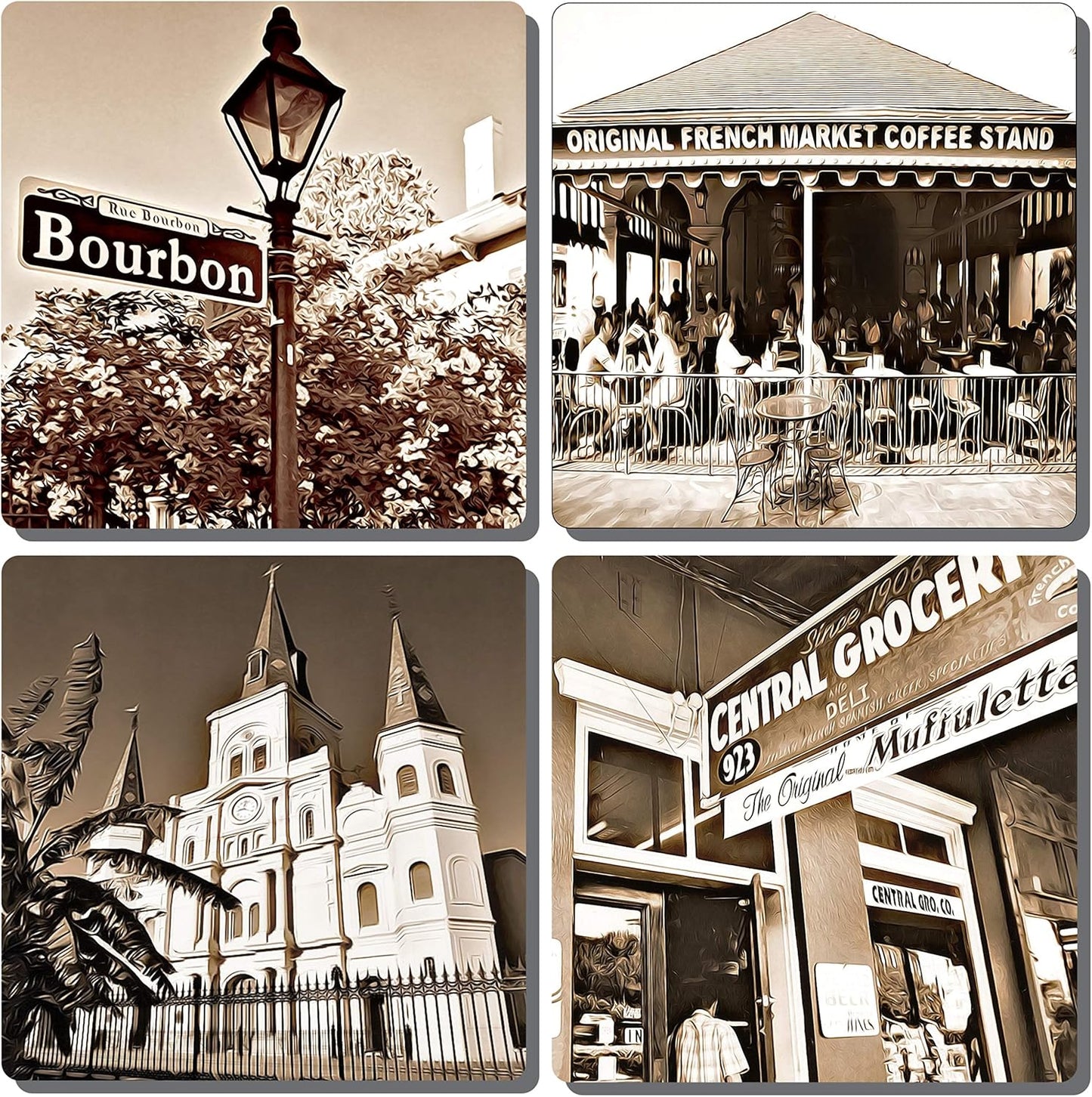 EXIT82ART - Stone Drink Coasters (Set of 4), New Orleans French Quarter, Vintage Black and White Images, Tumbled Stone,