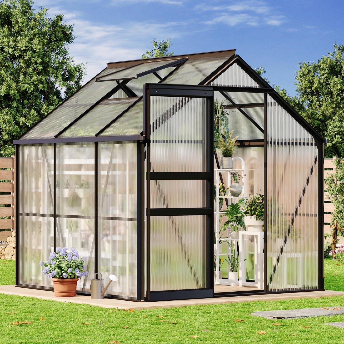 Garvee 6x6 Ft Polycarbonate Greenhouse - Free-Standing Greenhouse for Outdoors with Rust-Resistant Aluminum Frame, Gutter System & Roof Vent, Ideal for Seed Starting & All-Season Plant Protection