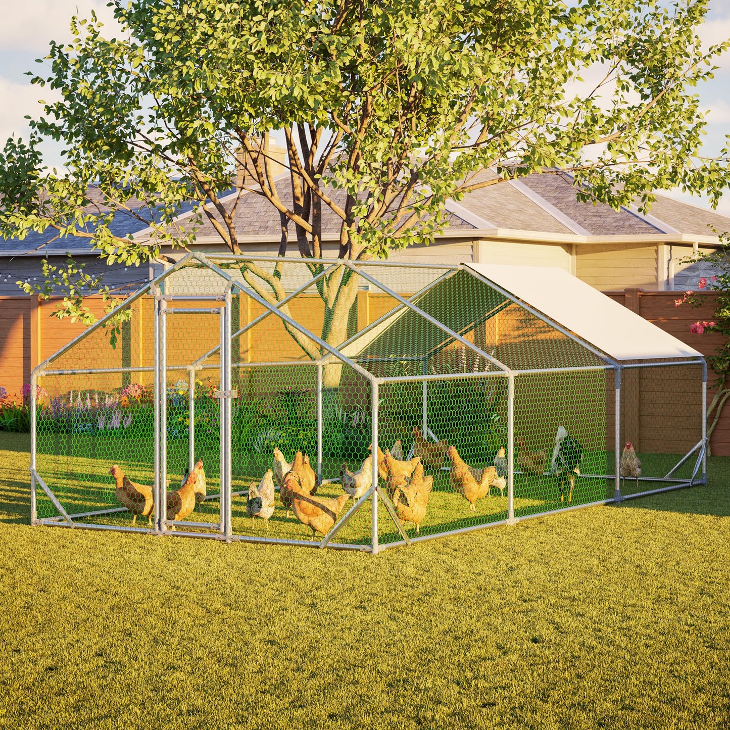YOPTO Chicken Coop,10x20x6.56ft Large Metal Chicken Coop with Run,Walk in Chicken Run W/Removable Waterproof & Anti-Ultraviolet Cover,Chicken Pen W/Security Lock,Hen House Enclosure for Farm,Yard