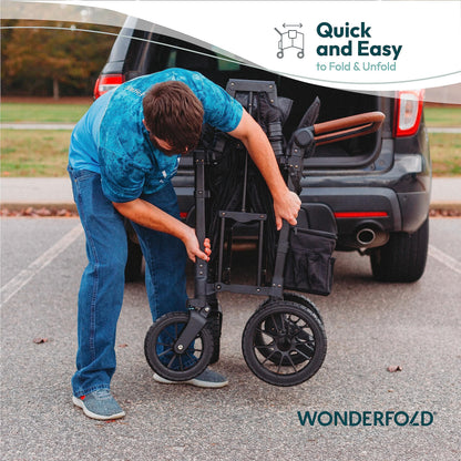 WonderFold W2 Luxe Stroller Wagon - Collapsible Stroller Wagon with Steel Frame - Adjustable Canopy & Push Handle - XL All-Terrain Wheels - for Babies, Toddlers & Kids - 2 Seater - Black