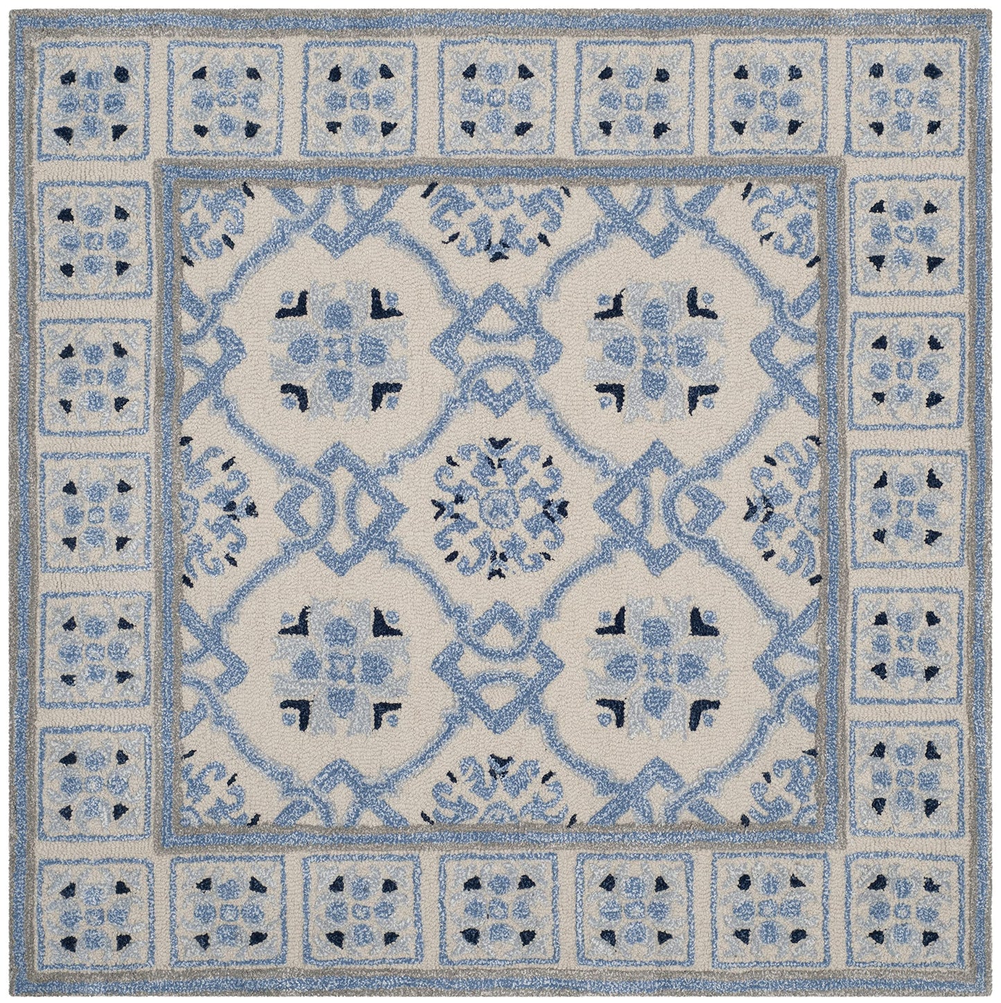SAFAVIEH Bella Collection Area Rug - 7' Square, Ivory & Blue, Handmade Wool & Viscose, Ideal for High Traffic Areas in Living Room, Bedroom (BEL155A)