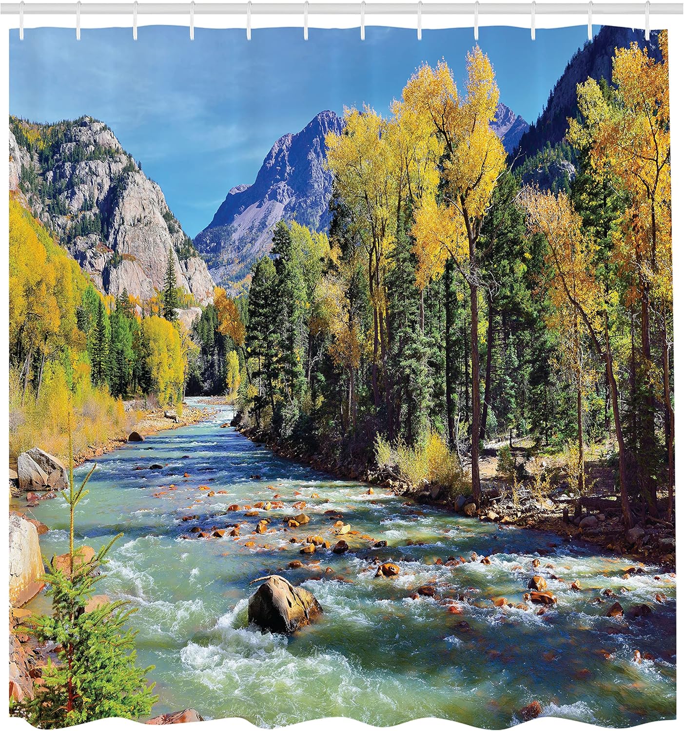 Ambesonne Landscape Shower Curtain, Cloth Fabric Bathroom Decor Set with Hooks, 69" W x 70" L, Mustard Green Blue,