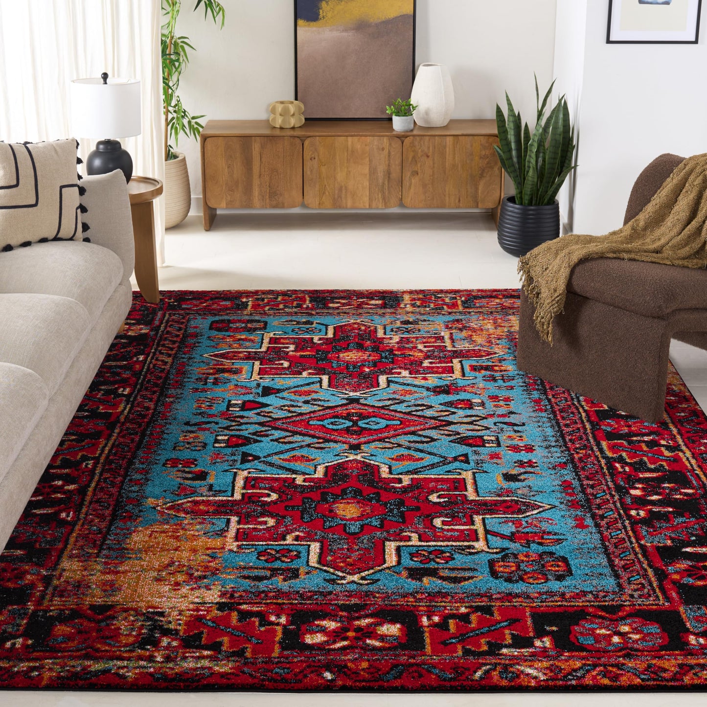SAFAVIEH Area Rug 11x15 - Vintage Hamadan Collection - Large - Red & Light Blue, Traditional Persian Design, Non-Shedding & Easy to Clean, Ideal for Living Room, Bedroom, Dining Space (VTH211Q)