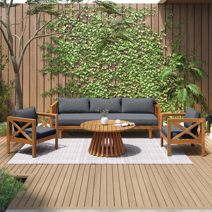 Merax Outdoor 4-Piece Acacia Wood Conversation Set - Patio 3-Seat Loveseat Sofa w/Coushion, 2 Armchair and Round Coffee Table for Backyard, Lawn, Balcony, Teak + Gray