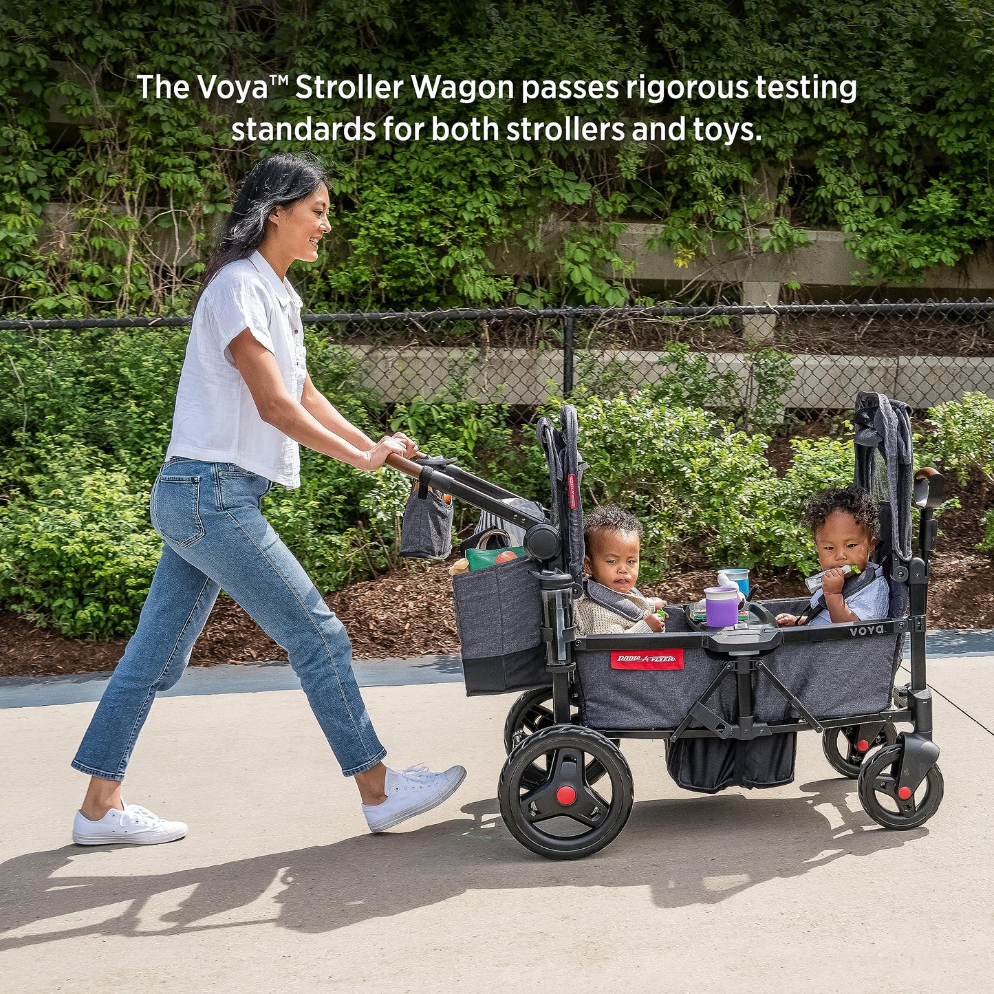 Radio Flyer Voya Stroller Wagon, for Toddlers and Kids 6+ Months, Push or Pull, 2 Seats, Dual Sun Canopies, Compact Fold, Lightweight, Storage Space, 5-Point Harnesses, Stroller Wagon for Kids