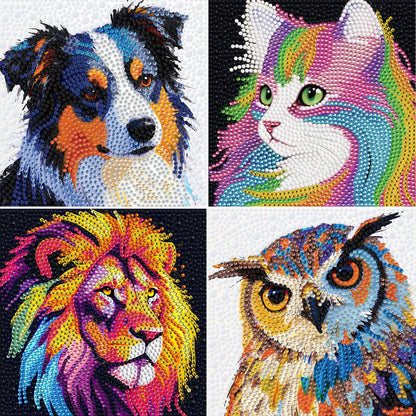lesaonsy Diamond Art Kits for Kids, 4 Pack Set Diamond Painting Kits for Boys & Girls, Gem Art DIY Craft (Cat Dog Lion Owl)