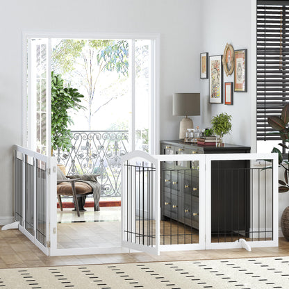 PAWLAND 144-inch Extra Wide 30-inches Tall Dog gate with Door Walk Through, Freestanding Wire Pet Gate for The House, Doorway, Stairs, Pet Puppy Safety Fence, Support Feet Included, White,6 Panels