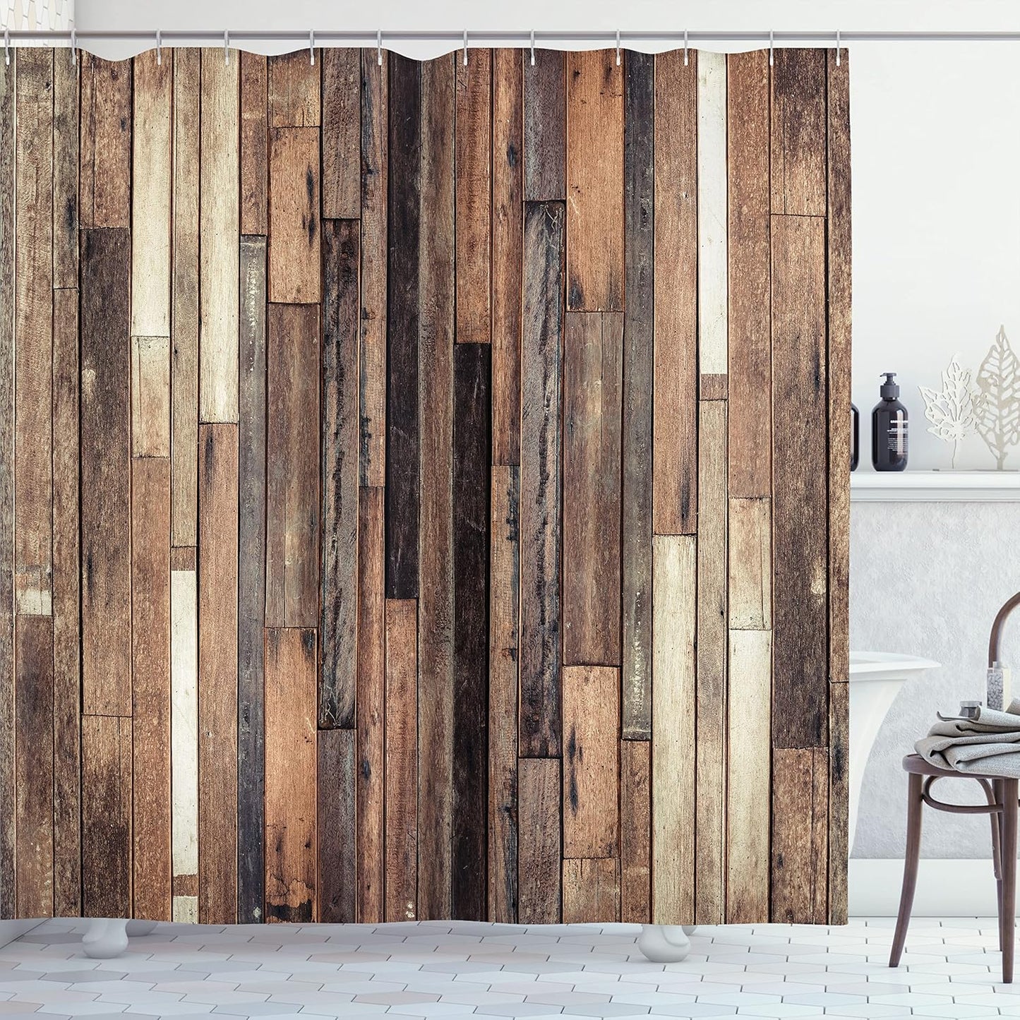 Ambesonne Wooden Shower Curtain Set, 69" W x 75" L, Brown - Farmhouse Style Bathroom Decor with Hooks