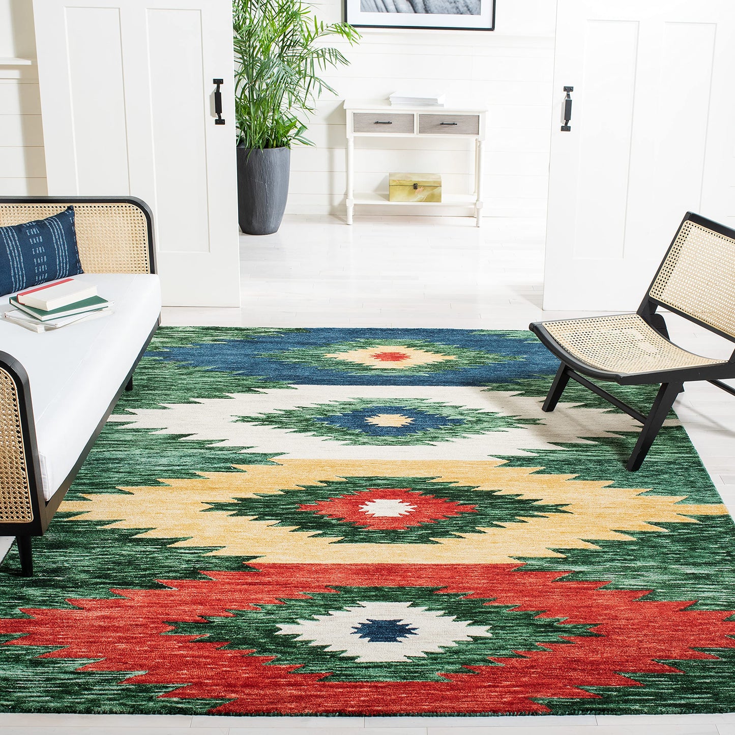 SAFAVIEH Area Rug 8x10 - Aspen Collection - Large - Green & Red, Handmade Wool, Moroccan Boho Tribal Design, Ideal for Living Room, Bedroom, Office, Dining Space (APN704Y)