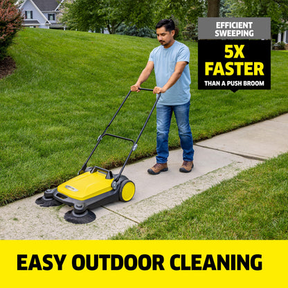Kärcher Walk Behind Outdoor Push Sweeper S 4 Twin for Workshops, Warehouses or Garages - 5X Faster Than a Push Broom, 5.25 Gallon Capacity, 26.8" Sweeping Width