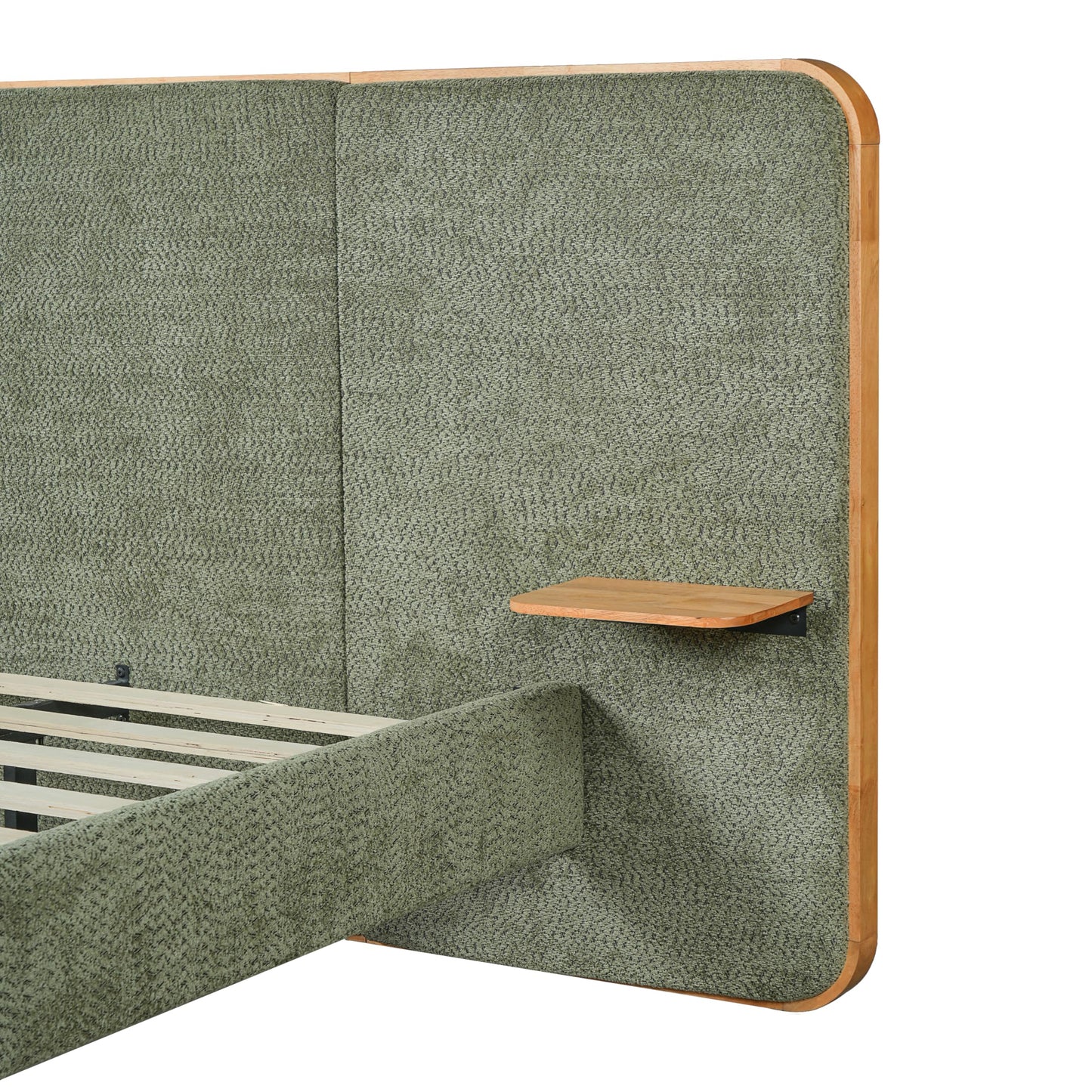 Christopher Knight Home Lana Boucle Upholstered King Bed Frame and Headboard, King Size Bed Frame with Built-in Floating Shelves, Metal + Wooden Slats Support, No Box Spring Needed, Green + Natural