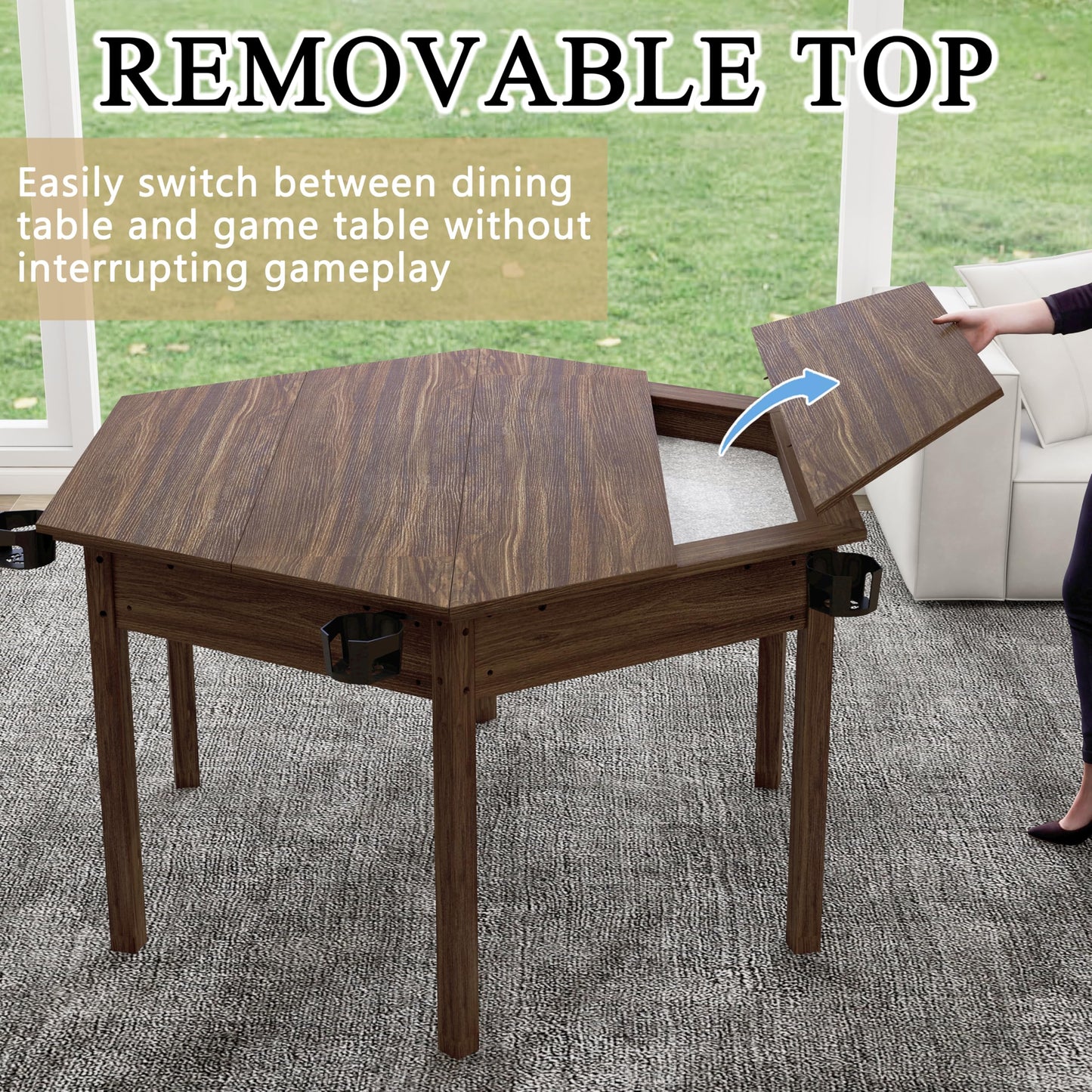 ComeWay Board Game Table with Rotating Cup Holders for 6 Players, Hexagon Gaming and Dining Table with Removable Table Top & Non-Slip Play Mat, Multifunctional Table with for DND/Poker/Card Games