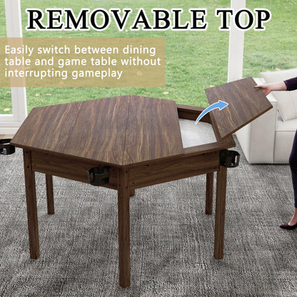 ComeWay Board Game Table with Rotating Cup Holders for 6 Players, Hexagon Gaming and Dining Table with Removable Table Top & Non-Slip Play Mat, Multifunctional Table with for DND/Poker/Card Games