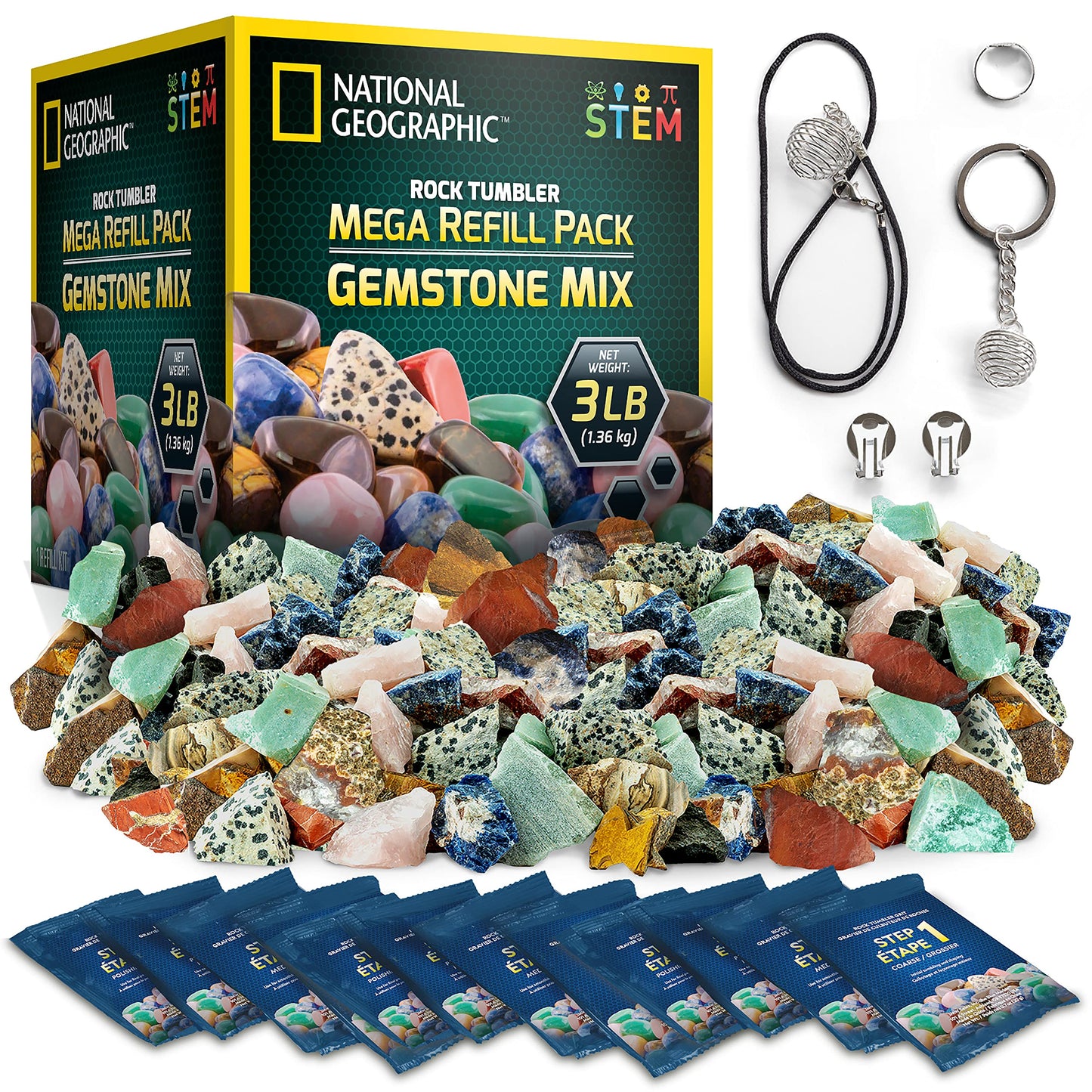 National Geographic Rock Tumbler Refill Kit 3 lbs. of Rough Gemstones and Rocks for Tumbling Including Amethyst and Quartz Supplies Include Tumbler Grit and Jewelry Accessories