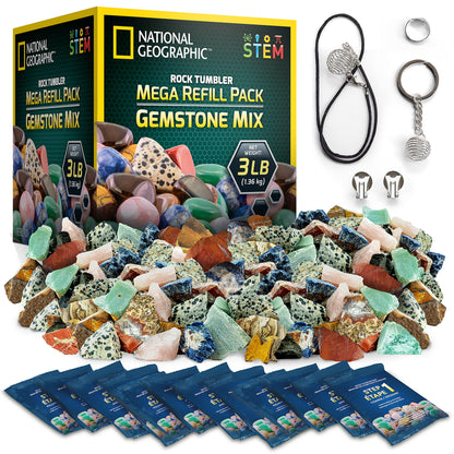 National Geographic Rock Tumbler Refill Kit 3 lbs. of Rough Gemstones and Rocks for Tumbling Including Amethyst and Quartz Supplies Include Tumbler Grit and Jewelry Accessories