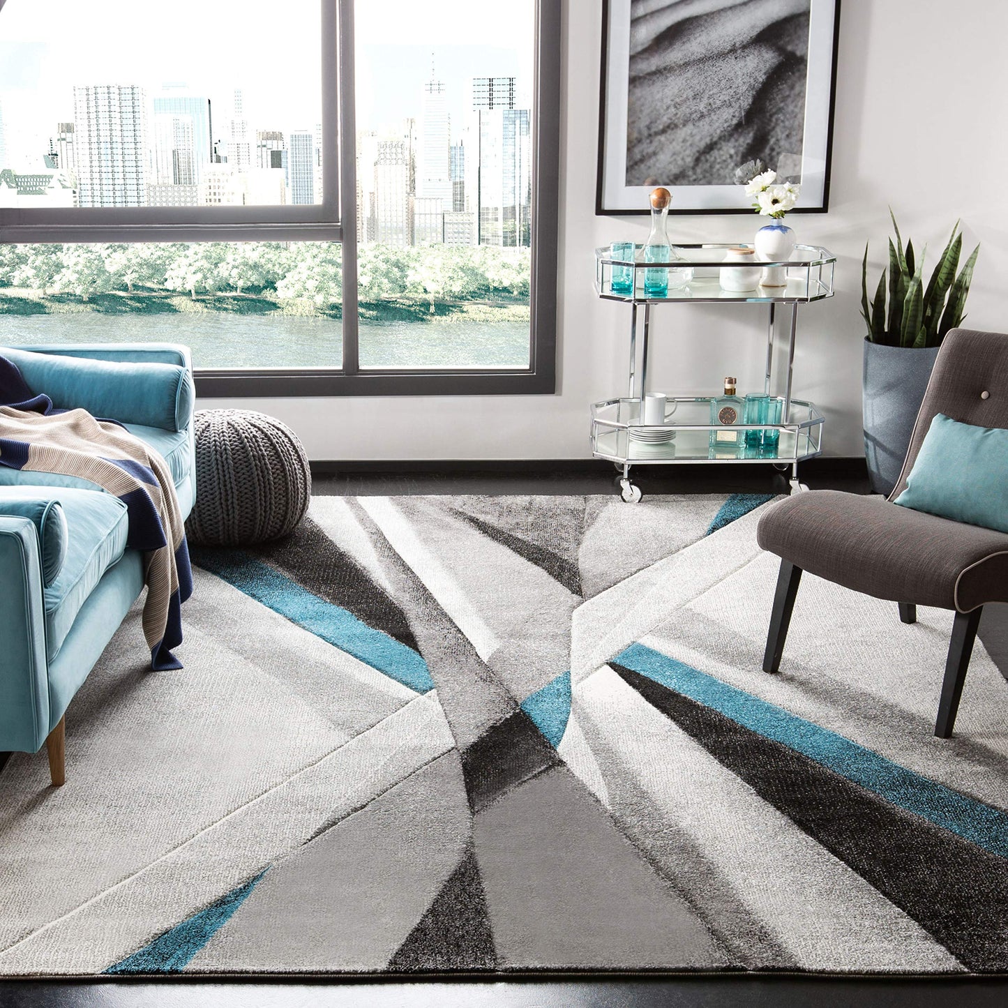 SAFAVIEH Hollywood Collection Area Rug - 9' x 12', Grey & Teal, Mid-Century Modern Design, Non-Shedding & Easy Care, Ideal for High Traffic Areas in Living Room, Bedroom (HLW710D)