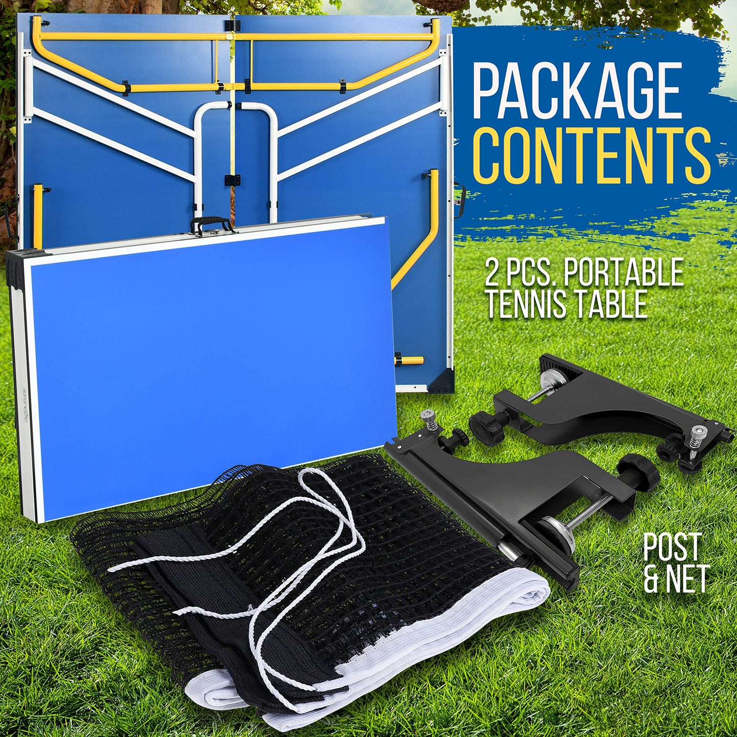 SereneLife Full Size Ping Pong Table, 9’ x 5’ Regulation Fold-Flat Table Tennis Table, Hinged Panels for SUV Transport and Easy Storage, Portable Space-Saving Design, Net & Post Set Included