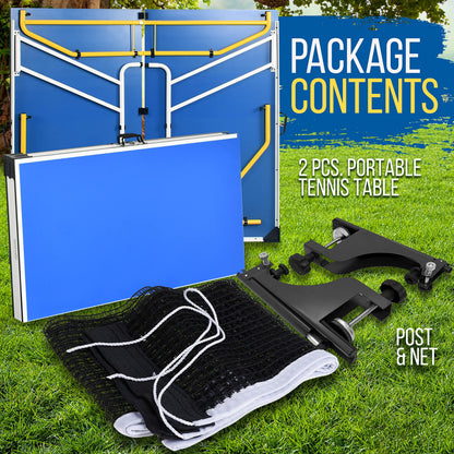 SereneLife Full Size Ping Pong Table, 9’ x 5’ Regulation Fold-Flat Table Tennis Table, Hinged Panels for SUV Transport and Easy Storage, Portable Space-Saving Design, Net & Post Set Included