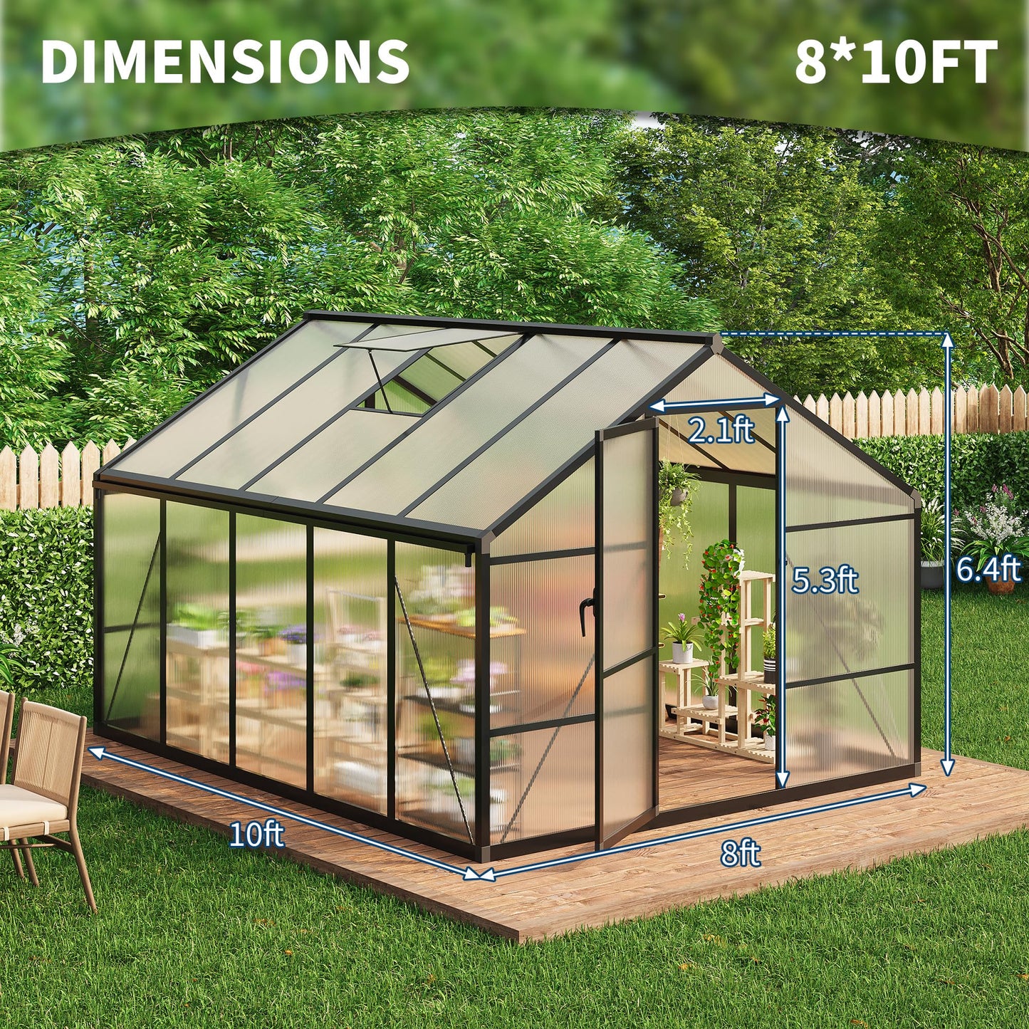 Garvee 8 x 10 FT Greenhouse, Greenhouses for Outside, Polycarbonate Greenhouse with Aluminum Frame, Lockable Door and Ajustable Roof Vent for Backyard, Green Houses for Outside Garden Backyard, Patio