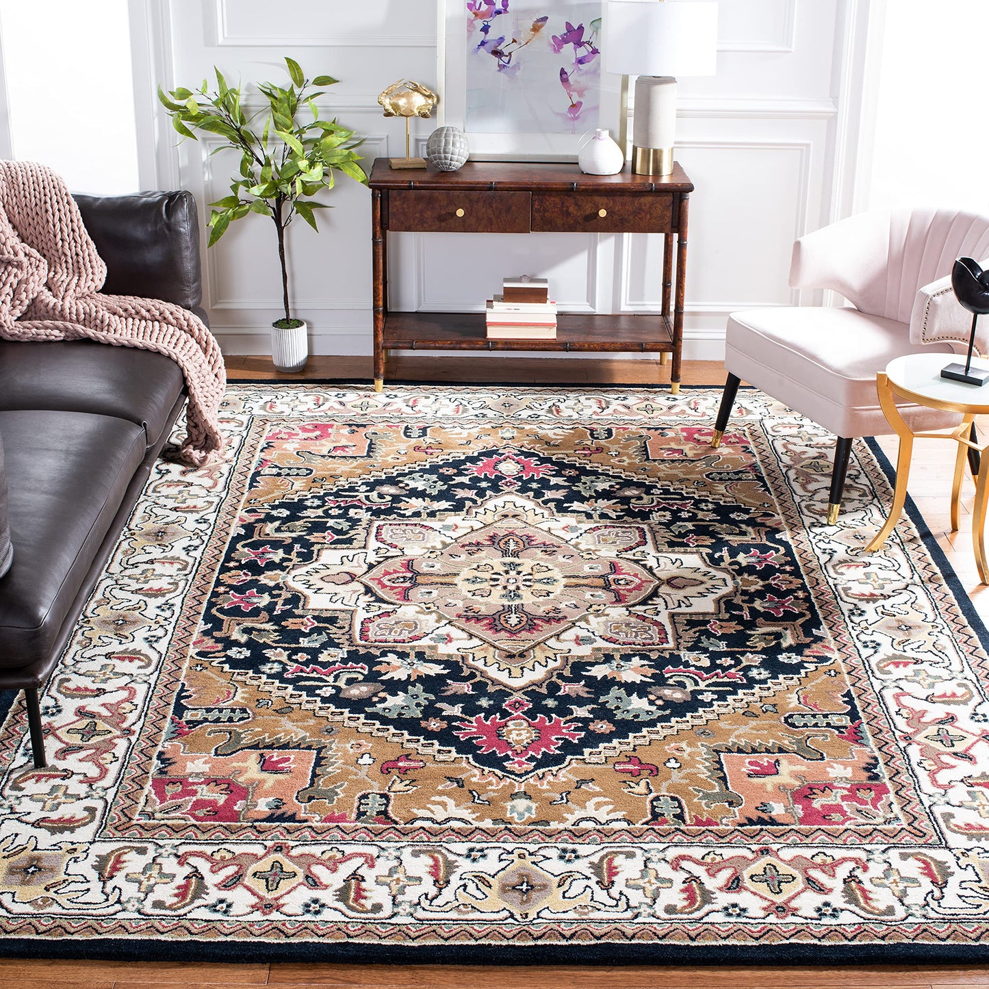 SAFAVIEH Heritage Collection Area Rug - 8' Square, Navy & Brown, Handmade Wool, Traditional Oriental Medallion Design, Ideal for Living Room, Bedroom, Dining Space (HG625T)