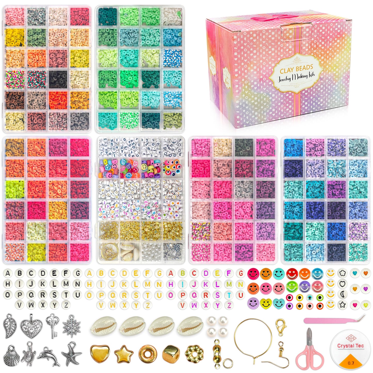 LINAYE 20000 PCS Clay Beads Kit with 120-Colors 6 Boxes Flat Preppy Polymer Heishi Beads with Pendant Charms Crafts Accessories, Friendship Bracelet Making Kit Crafts Supplies Kit Gift for Adults
